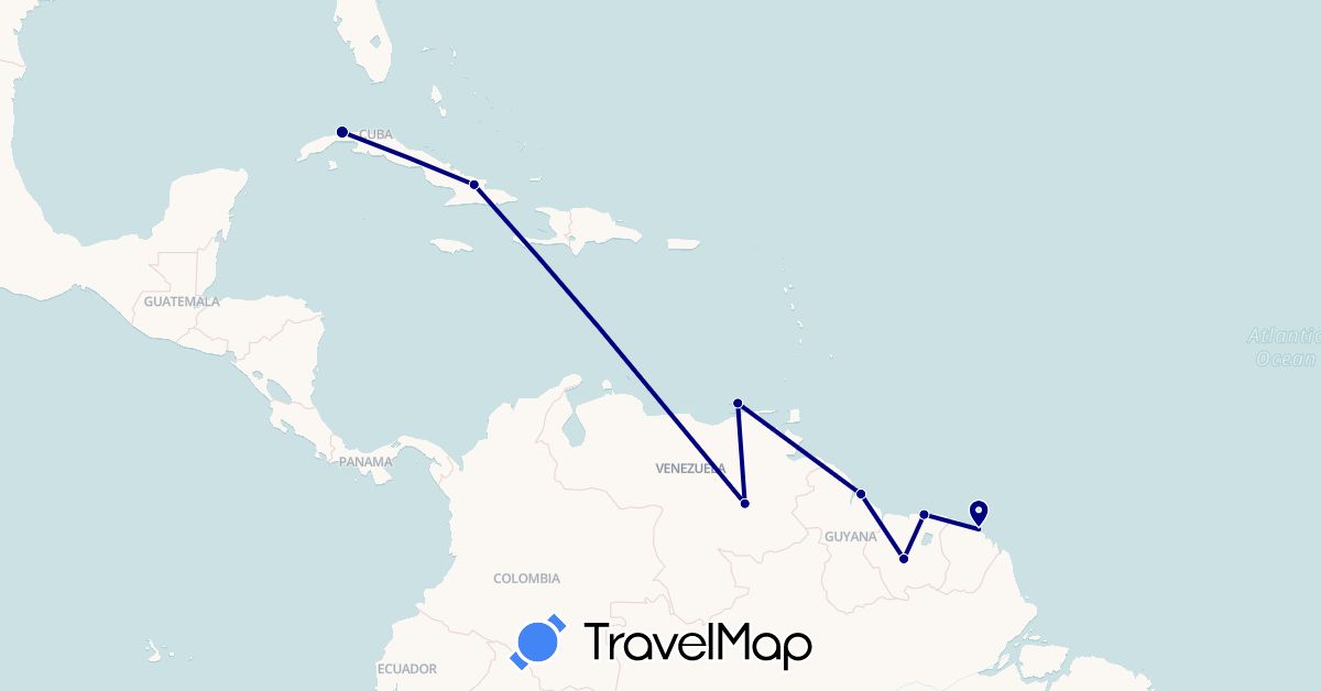 TravelMap itinerary: driving in Cuba, French Guiana, Guyana, Suriname, Venezuela (North America, South America)